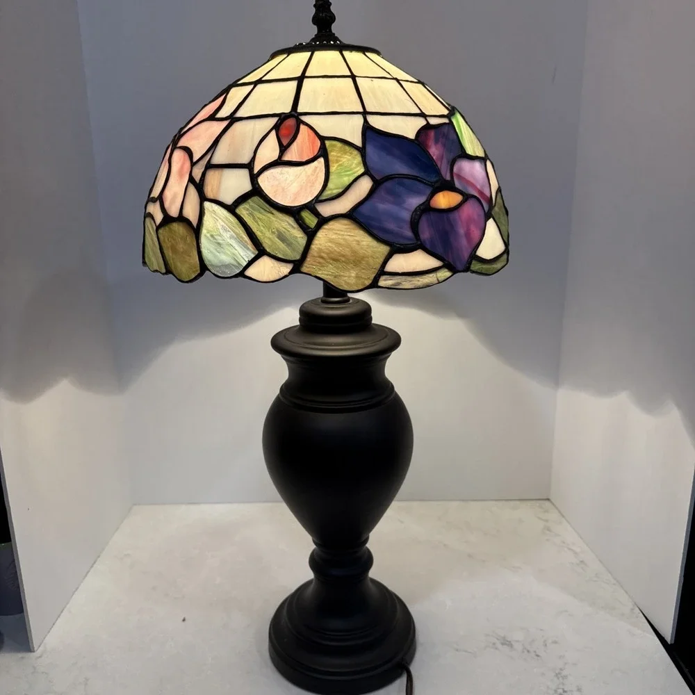 Retro Stained Glass Flower Base Tiffany Style Table Lamp Accent Lamp H24